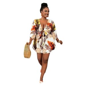 SHEIN Tropical Leaf Print Casual V-Neck Loose Fit Print Komono Style Romper 2XL